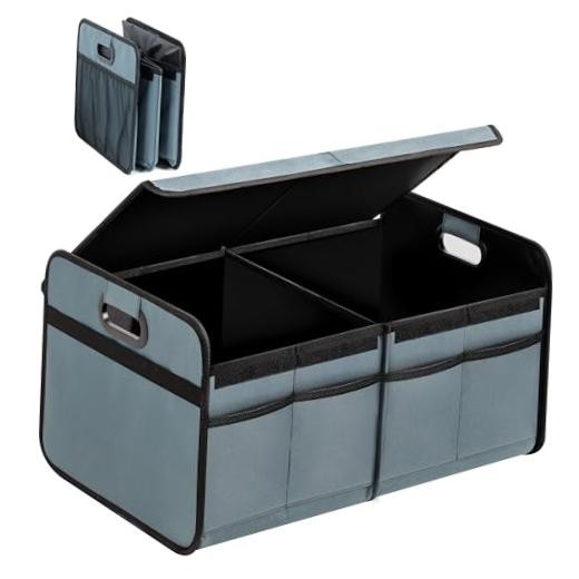 Car Trunk Organizer with Lid, Collapsible 1 Pack Grey-Green 2 Compart with Lid