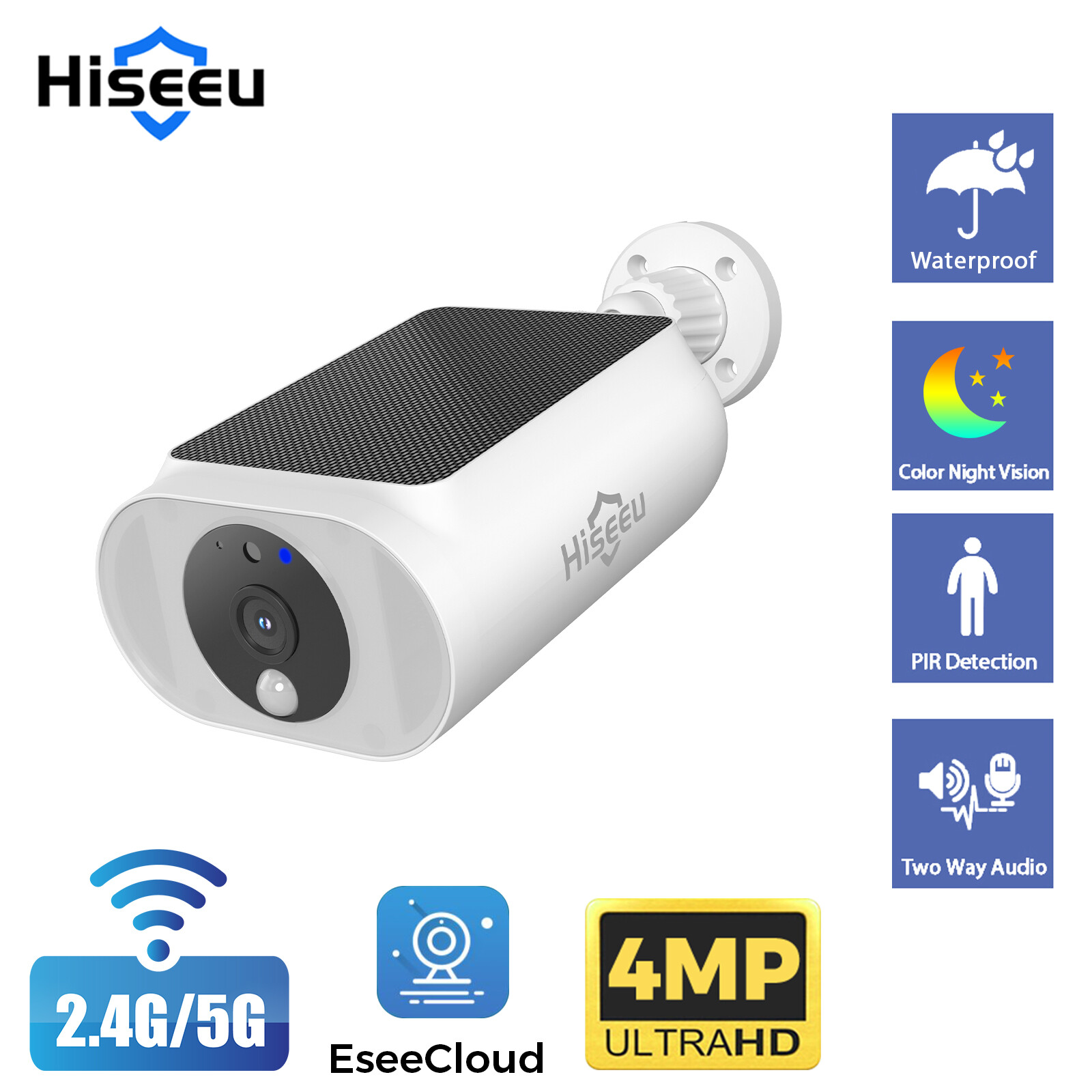 Hiseeu 4MP 5G Wireless Wifi Solar Battery Powered Security Camera System Outdoor