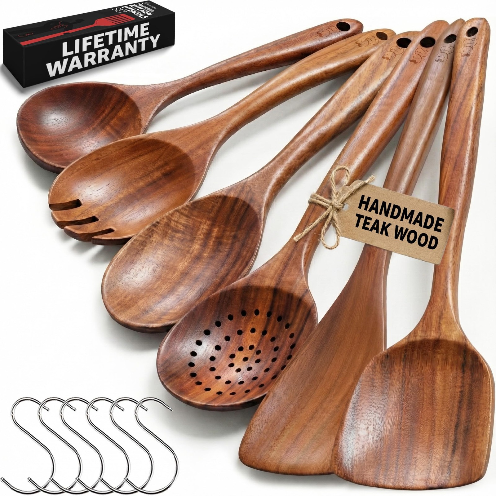 PriorityChef Wooden Spoons for Cooking, Premium 6pc Teak Wood Utensil Set wit...