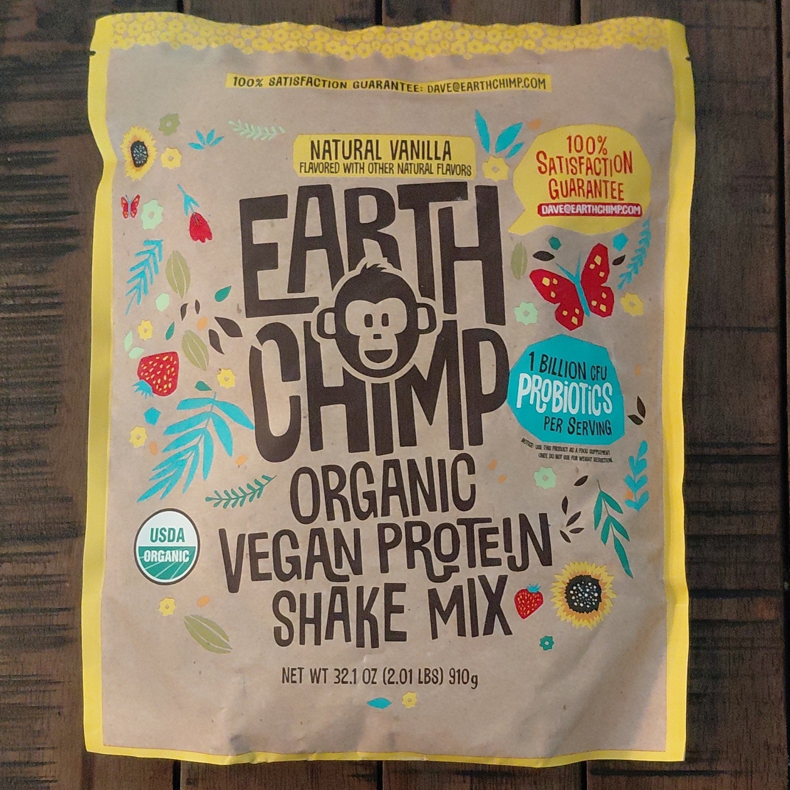 Earth Chimp Organic Vegan Protein Powder Vanilla Probiotics 32.1 oz