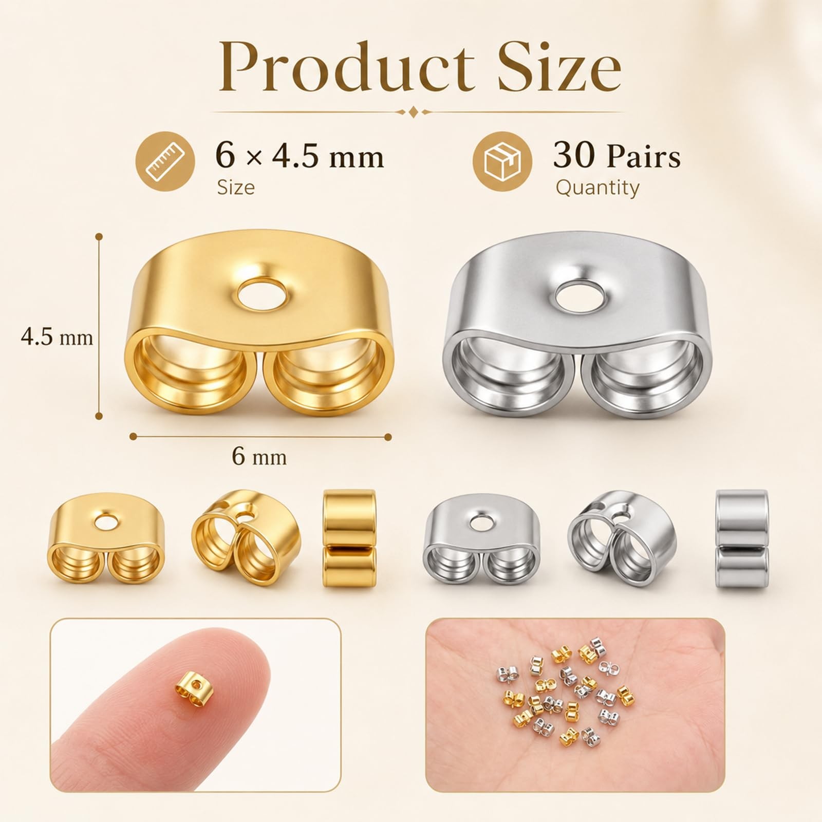 30 Pairs Metal Earring Backs for Studs Locking gold and silver
