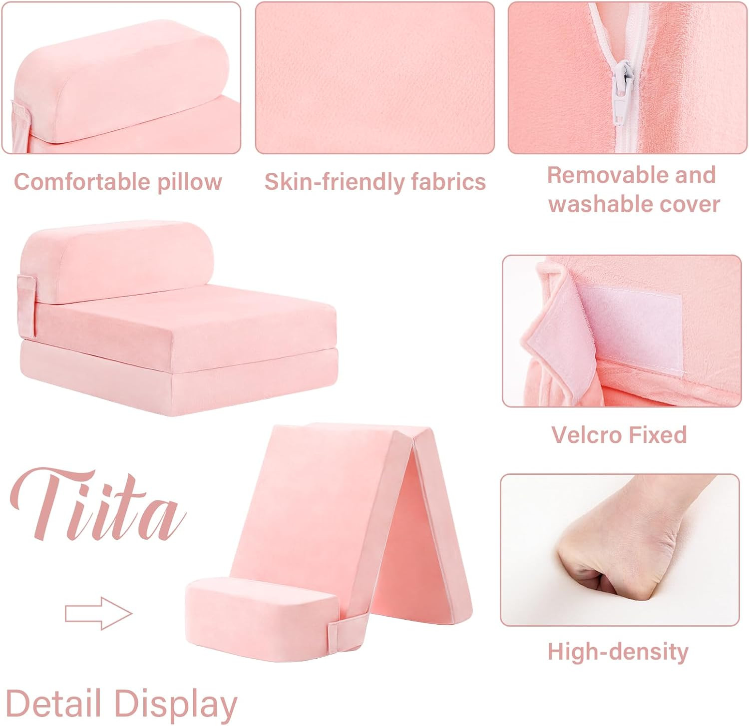 Kids Folding Sofa Bed with Removable Cover - Pink Toddler Couch & Futon Chair