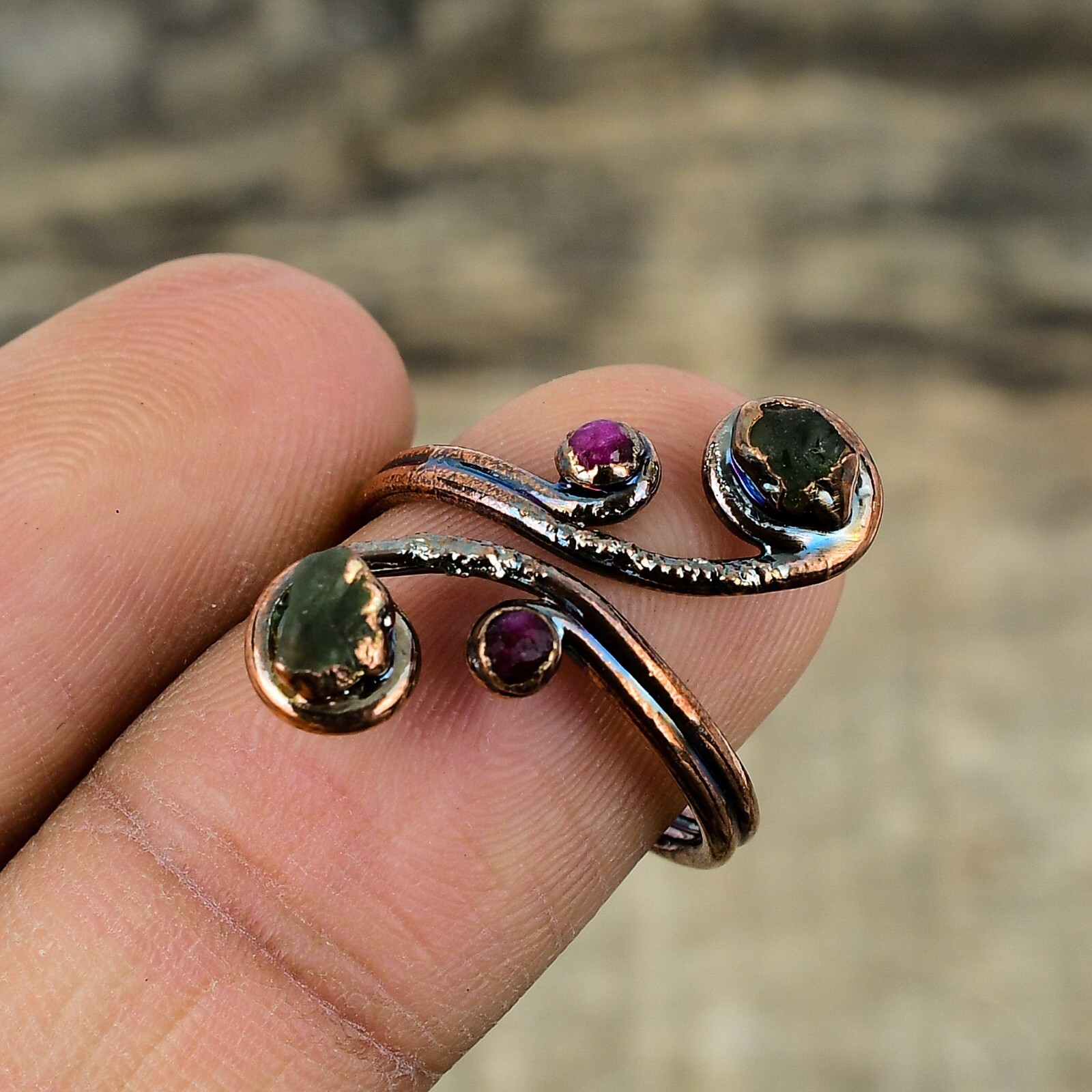 Multi Tourmaline Rough Copper Electroformed Adjustable Ring Size Adjustable