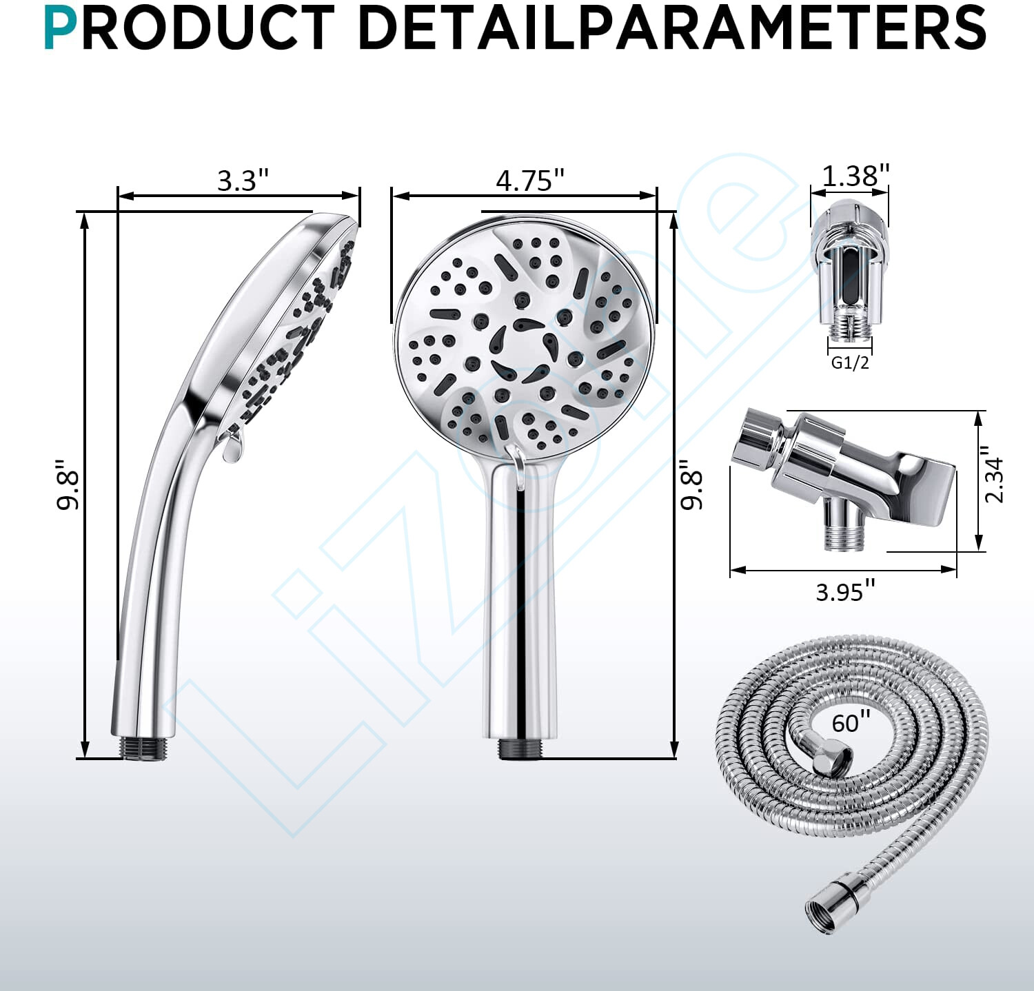 Handheld Shower Head High Pressure 9-Setting w/60" Hose & Adjustable Bracket
