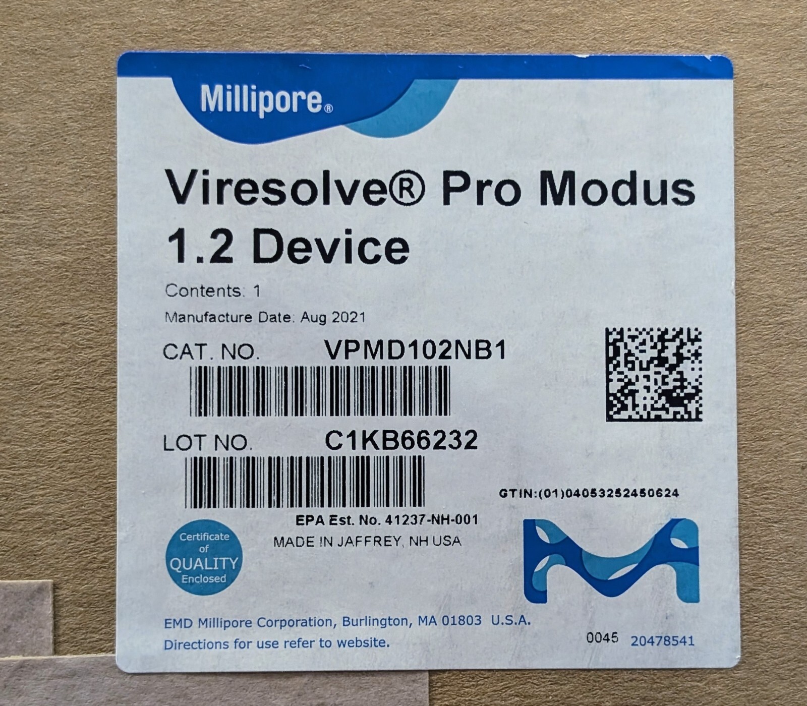 Millipore VPMD102NB1 Viresolve Pro Modus 1.2 Device