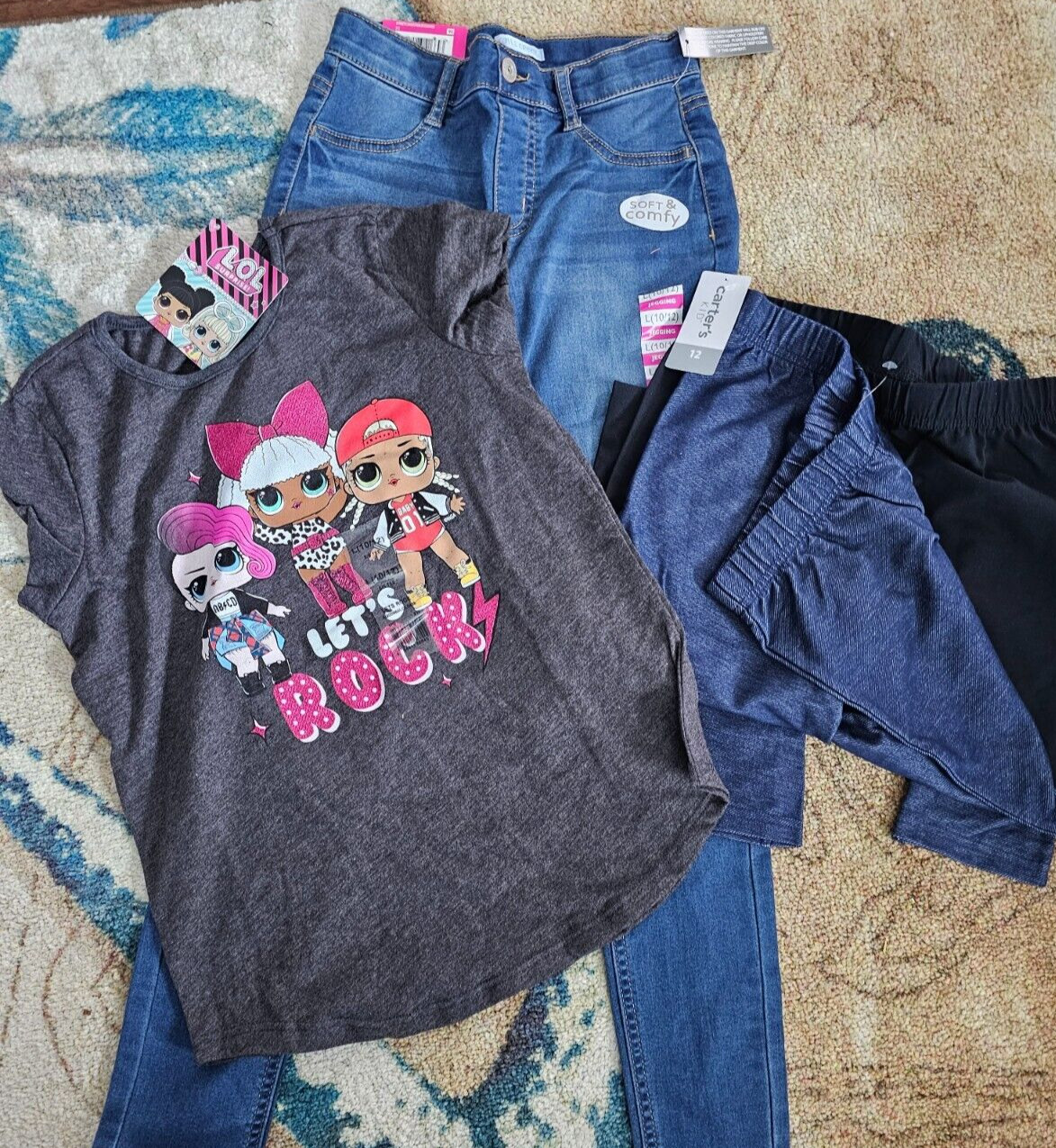 NEW Girl 4 Pieces Mixed LOT LOL L.O.L T-SHIRT DENIM JEANS LEGGINGS Size L 10-12