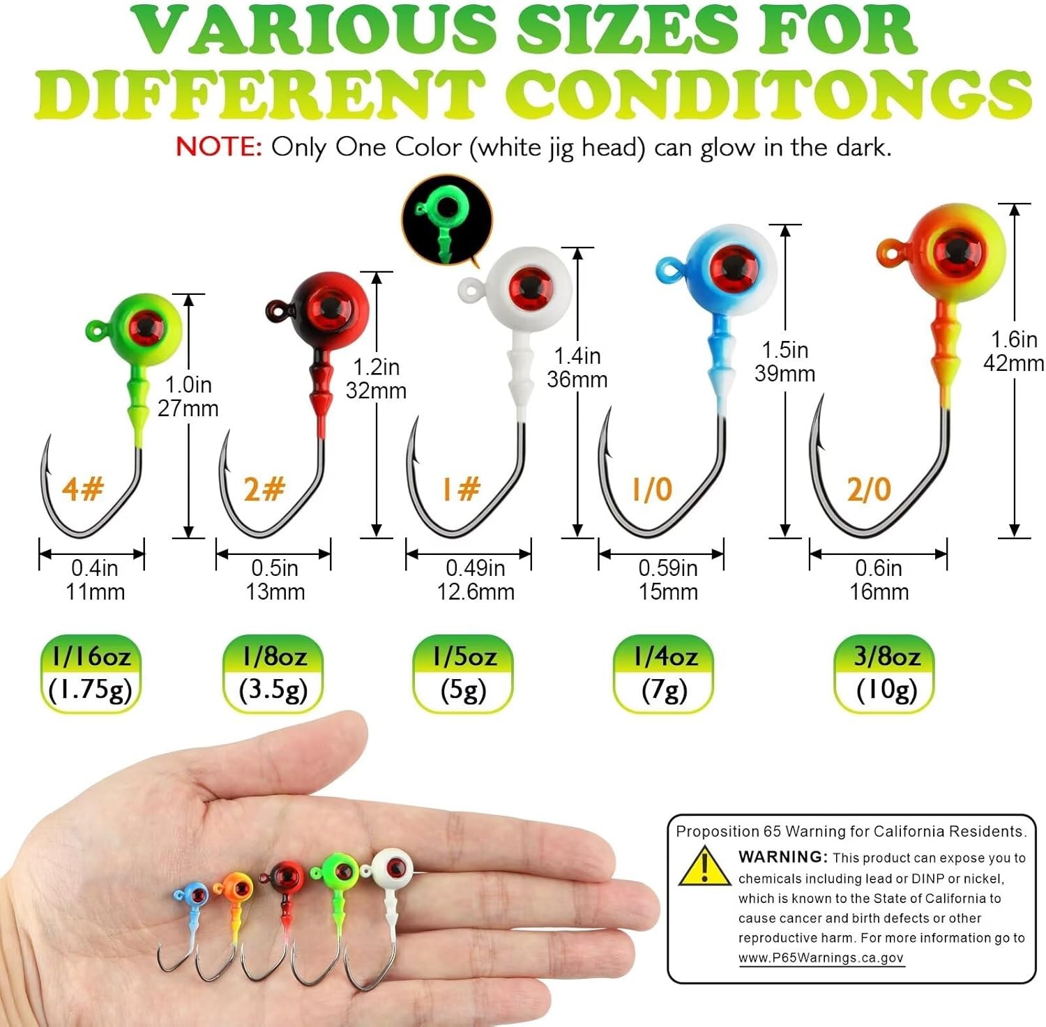LUCKYFISHING Jig Heads Crappie Jigs Walleye for 1/5oz(5g)-1#-15pcs