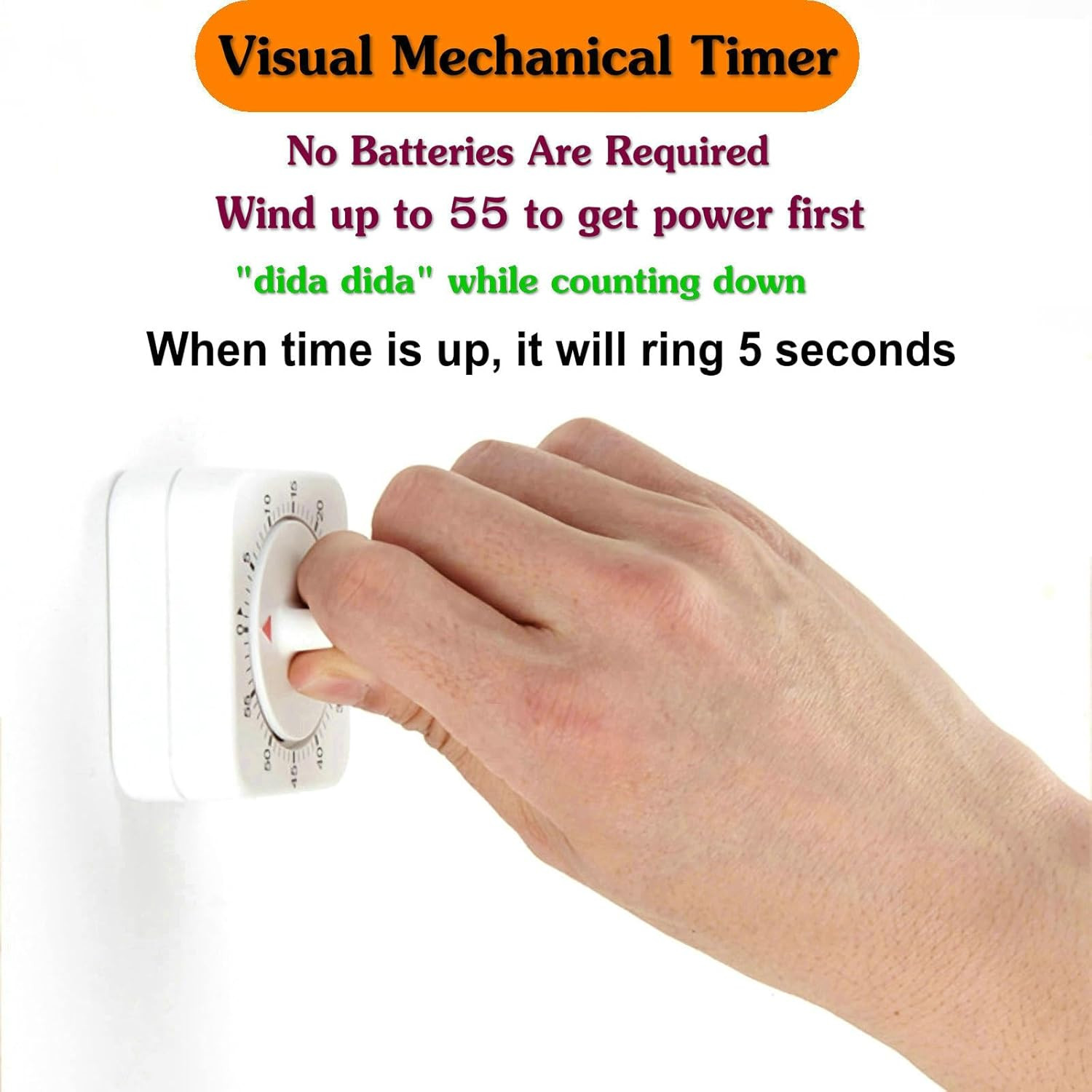 Square 60 Minute Mechanical Kitchen Timer - Visual Kitchen Cooking Timer Clock w