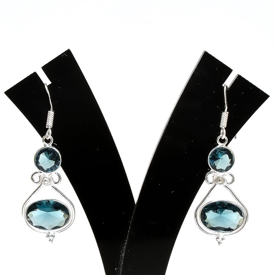 London Blue Topaz Gemstone Handmade 925 Sterling Silver Jewelry Earring Sz 1.75"
