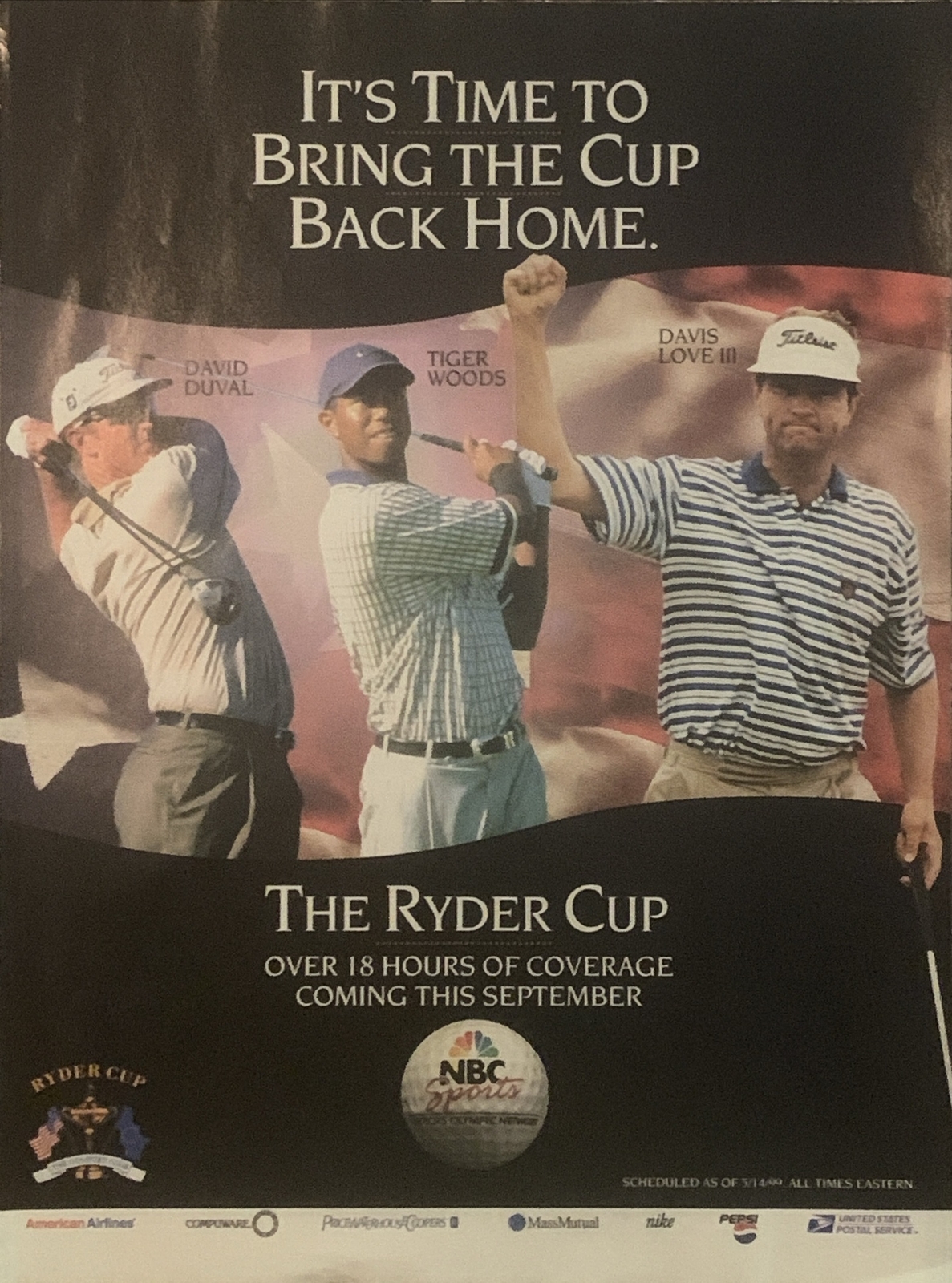 1999 Ryder Cup Golf Tournament PRINT AD Tiger Woods Davis Love III Duval VTG 90s
