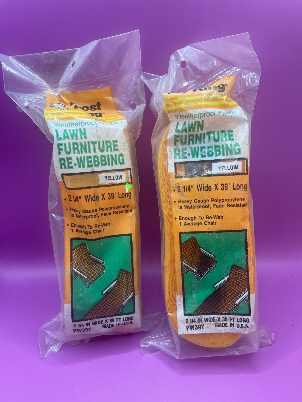 Two Frost King Yellow Weatherproof Plastic Lawn Furniture Re-Webbing-2.25" x 39'