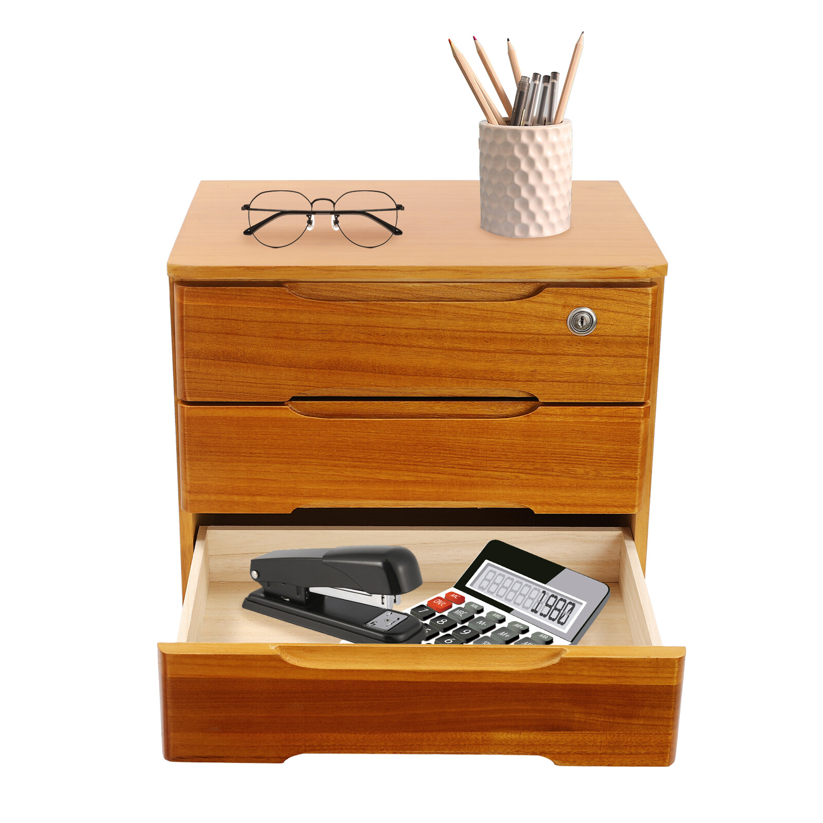 17.72" Yellow 3-Tier Desktop Organizer with Lockable Drawers - Compact Design