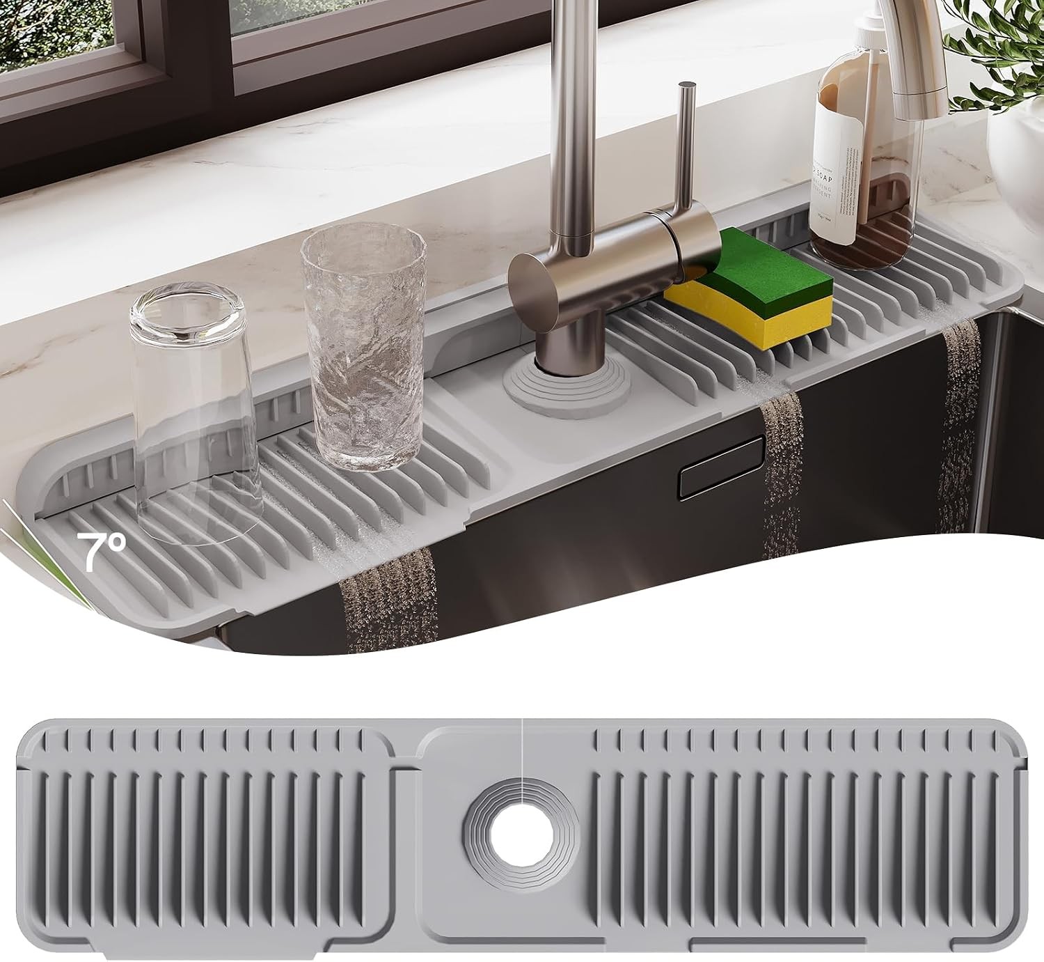 24 Inch Silicone Faucet Mat for Kitchen Sink Splash Guard – (Gray, 24" x 5.5" )
