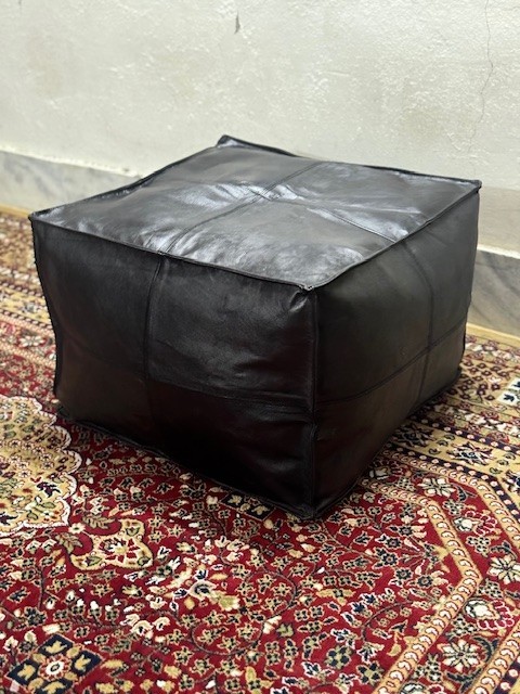 20 Inch Black Leather Pouf Ottoman – Authentic Moroccan Boho Footstool