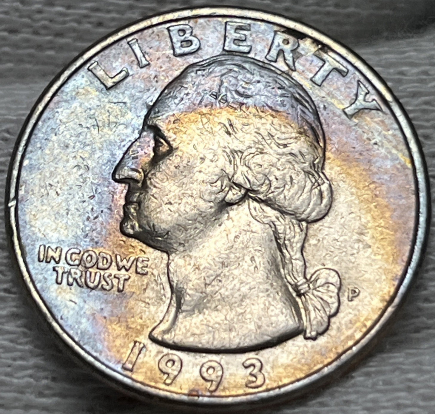 1993 P Washington Quarter Errors Strike Through Grease Rainbow Toning