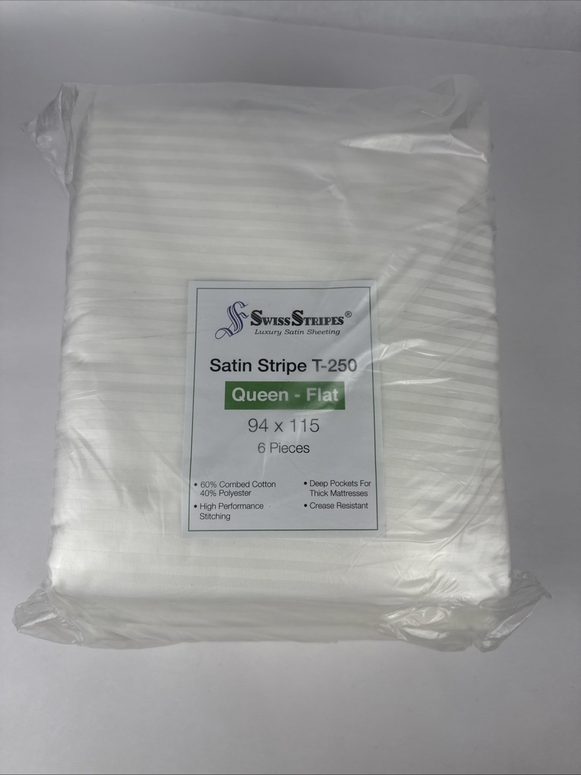Satin Stripe T-250 Queen Deep Pockets Flat Sheets 94"×115", 6 Pack, White