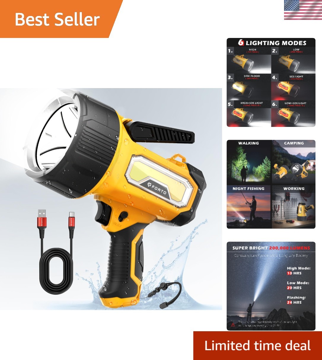 Rechargeable Spotlight 2000,000 Lumens, Waterproof Bright LED Spotlight Flash...