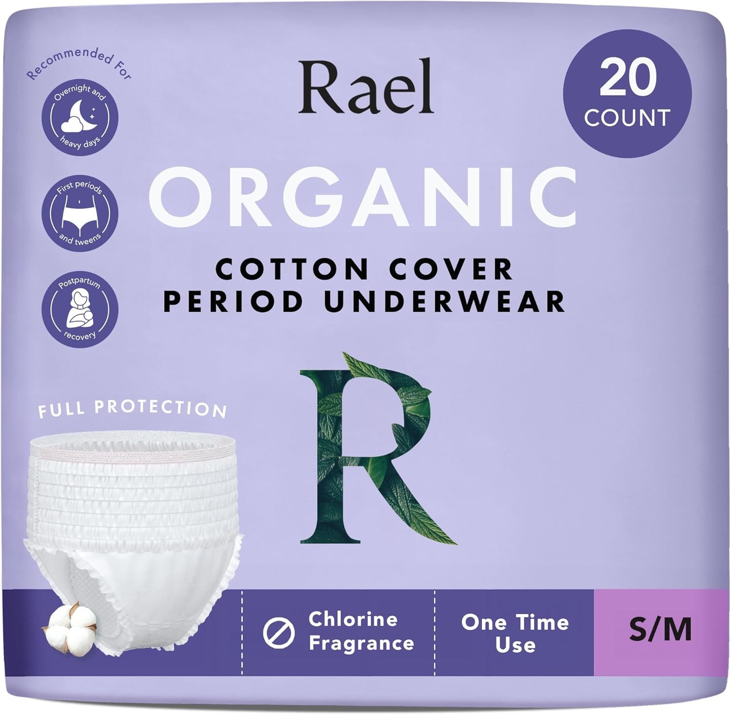 Rael Disposable Period Underwear Made with Organic Cotton (Size S-M, 20 Count)