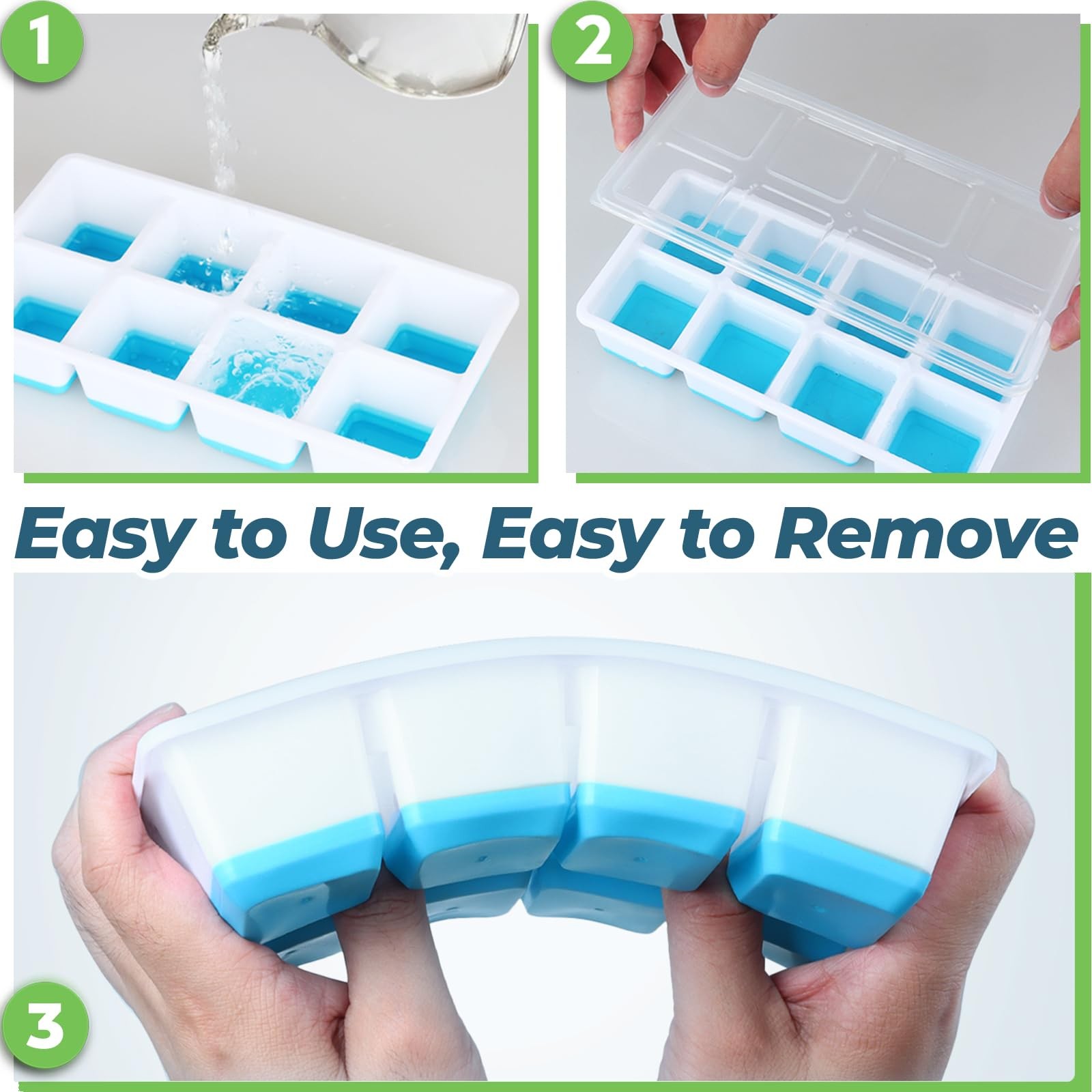 Large Ice Cube Trays with Lid, Jrisbo 2 Pack Stackable Silicone Large, Green