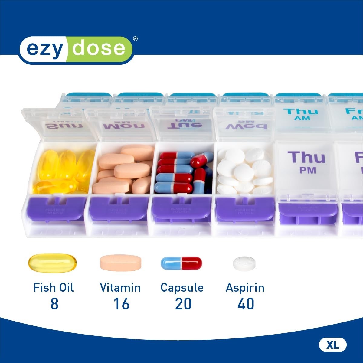 Extra Large Push-Button Pill Case for Daily Vitamins - BPA-Free & Clear Lids