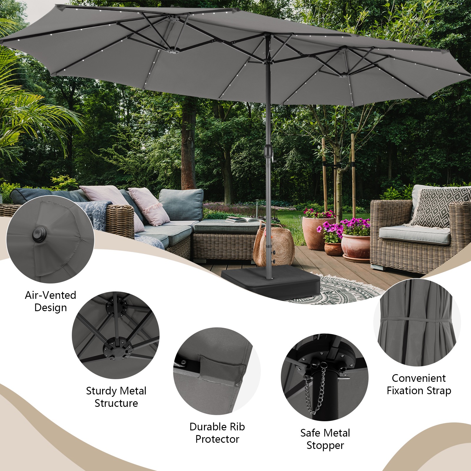 11 PCS Patio Dining Set with 15ft Double-Sided Patio Umbrella (Base Included)