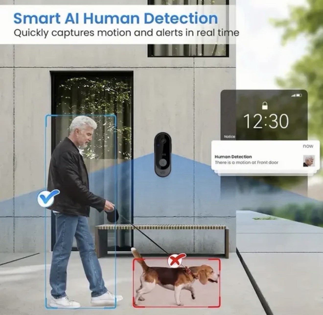 Wireless Video Doorbell with AI Human Detection, Night Vision, Two-Way Audio