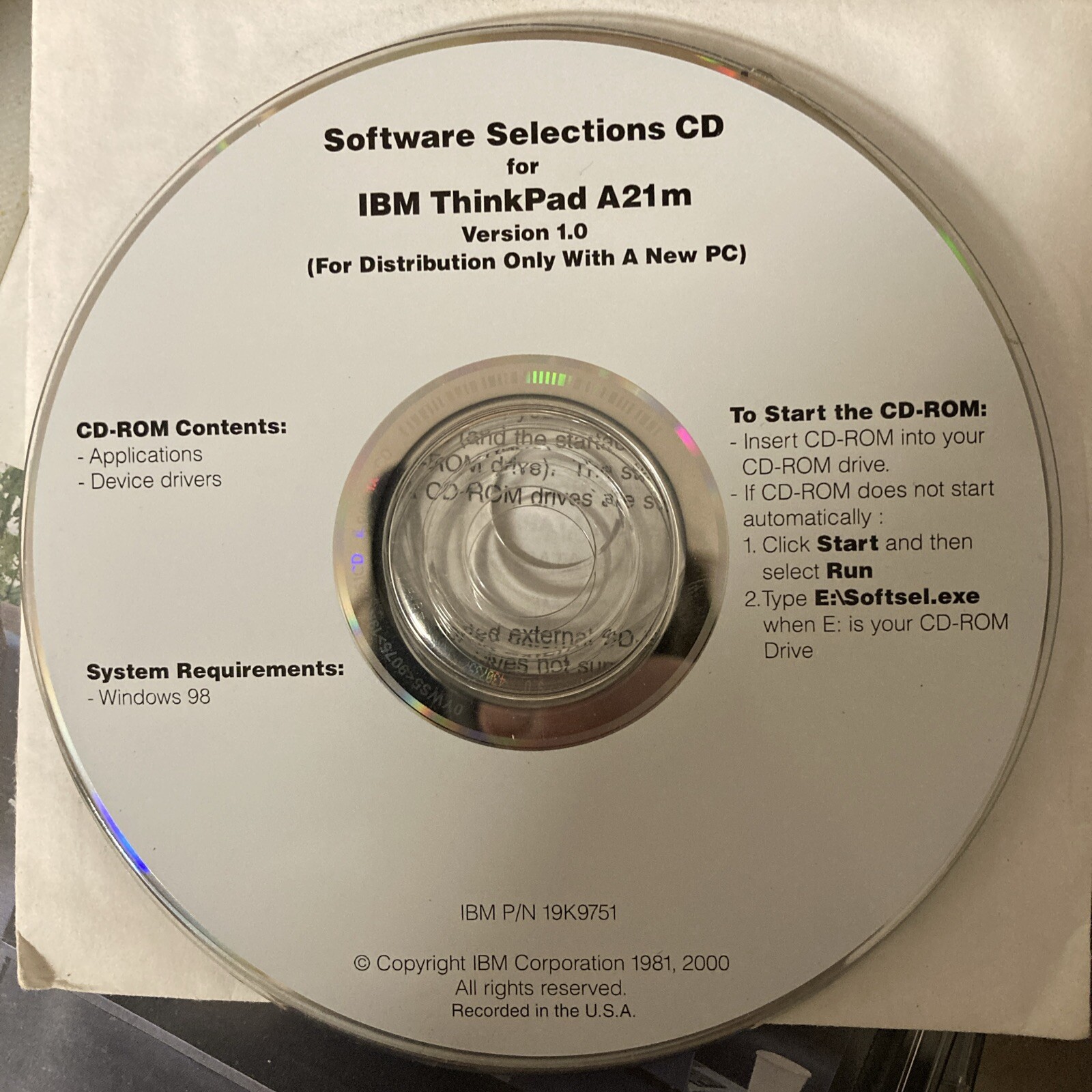IBM Thinkpad Version 1.0 Software Selection And Product Recovery CDs Factory Reb