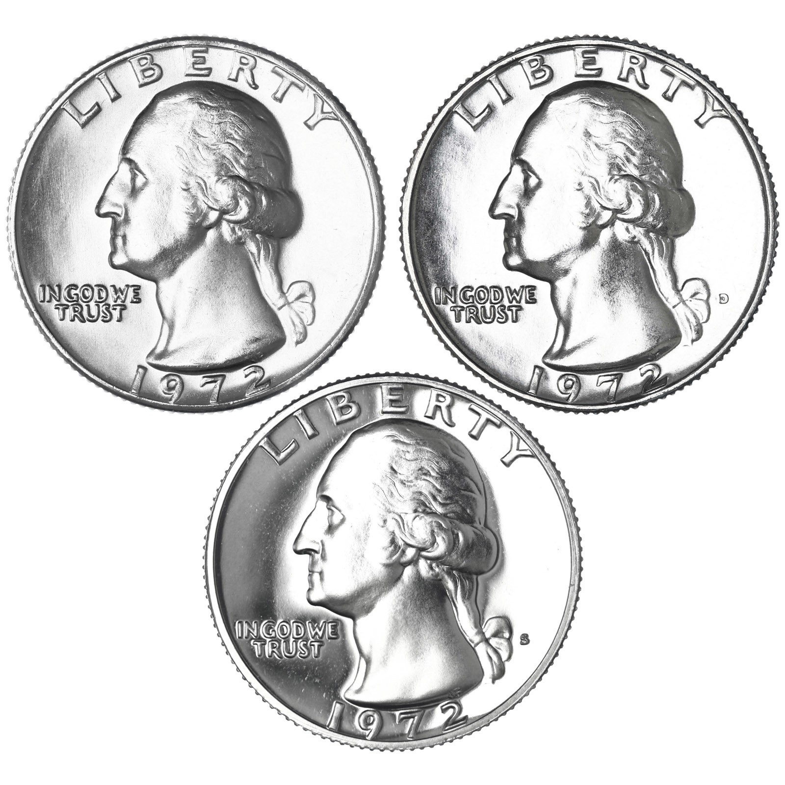 1972 P D S Washington Quarters CN-Clad BU & Gem Proof 3 Coin Year Set