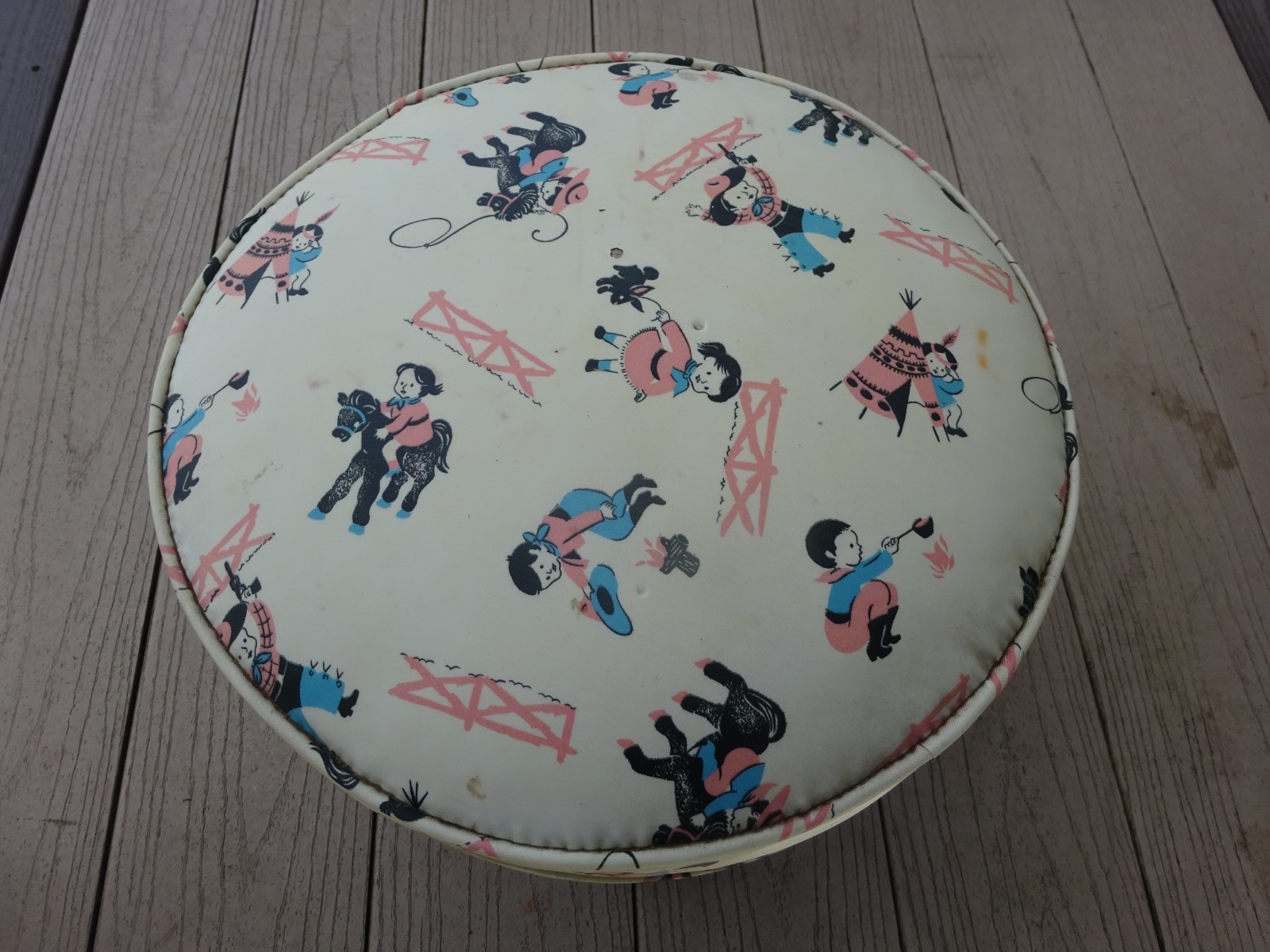 VTG MID CENTURY MODERN VINYL TOP COWGIRL THEME CHILD’S ROUND FOOT STOOL 4 LEG