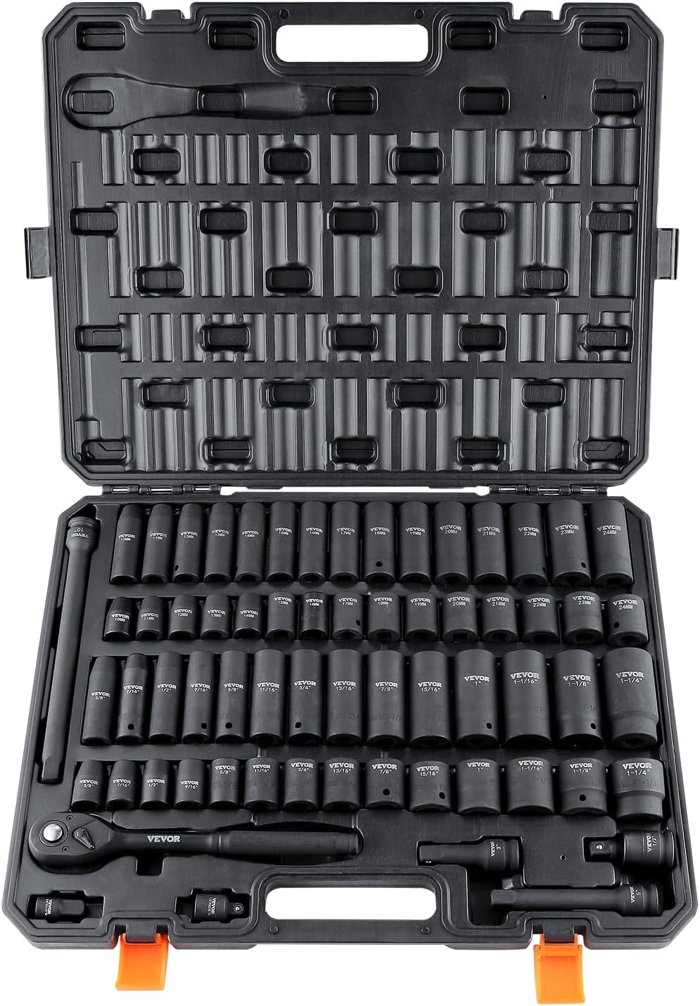 1/2" Drive Impact Socket Set, 65 Piece SAE 3/8" to 1-1/4" and Metric 10-24Mm, 6