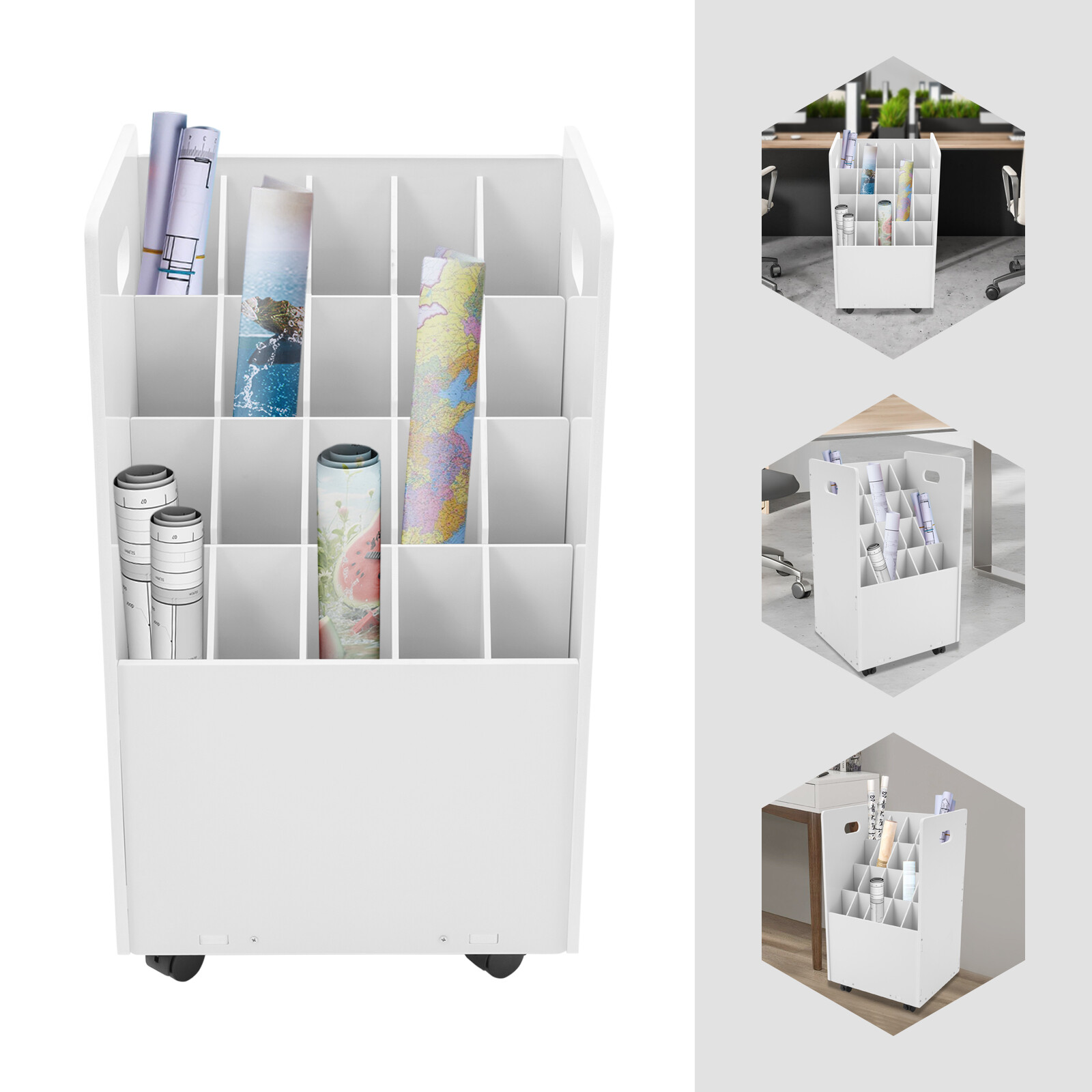 Blueprint Holder 20 Slots Document Storage Cart Rolling File Organizer White