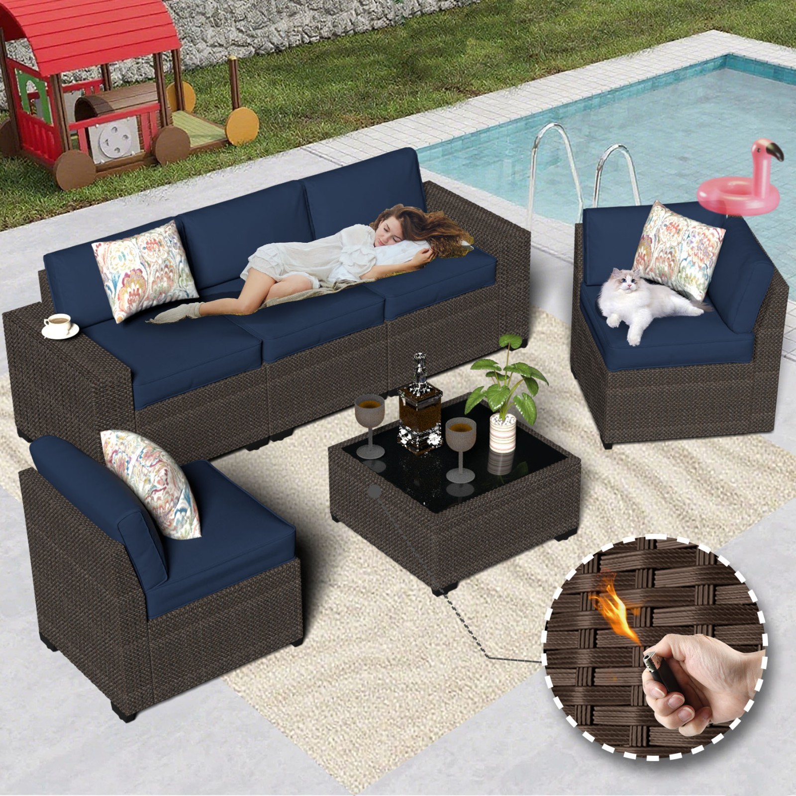 6pcs Outdoor Patio Furniture Set, PE Rattan Sectional Couch with Thick