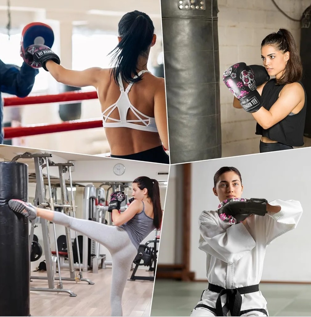 Boxing Gloves 14oz Women Punching Kickboxing Glove Black Leather