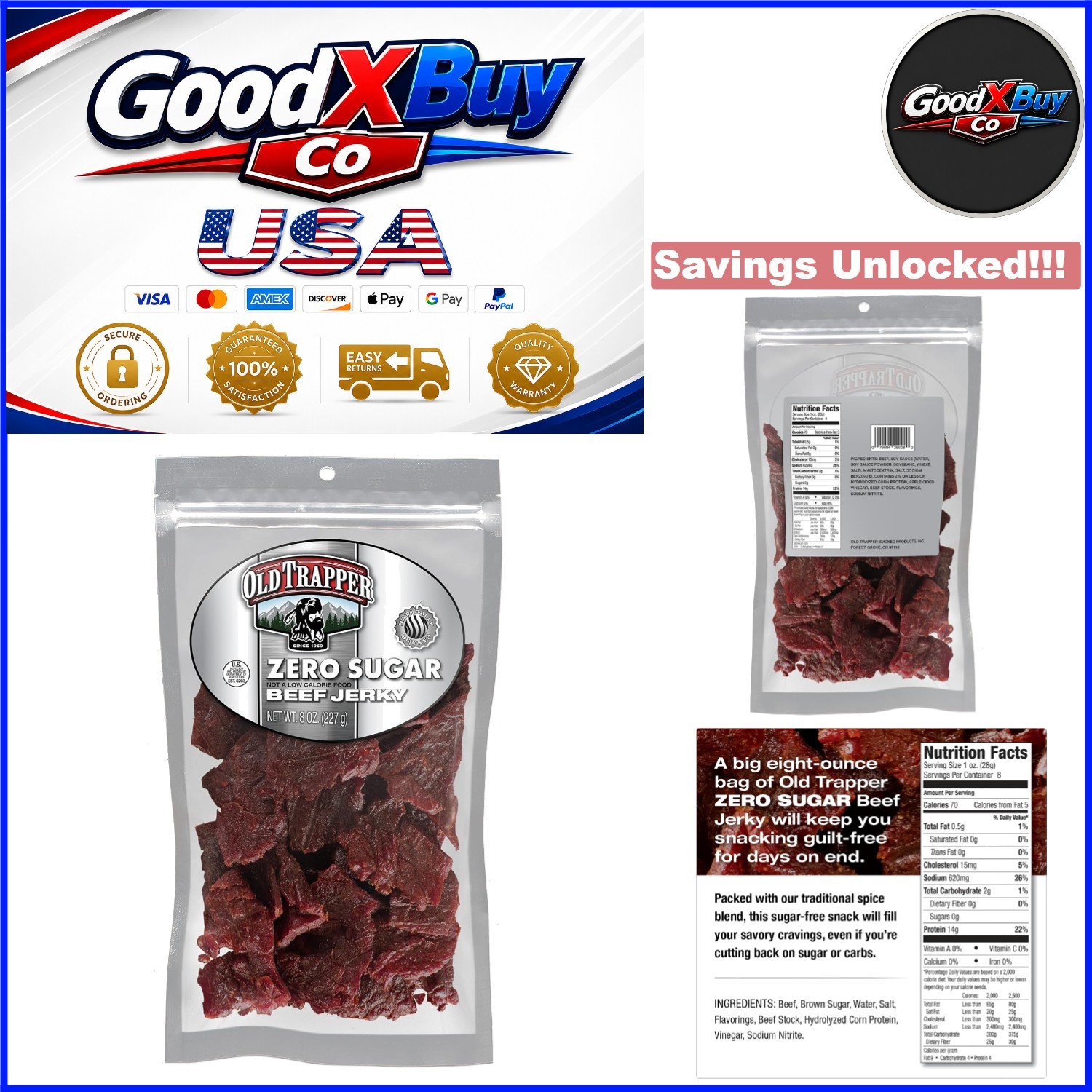 Zero Sugar Beef Jerky 8oz Pack Natural Wood Smoked Keto-Friendly Snack