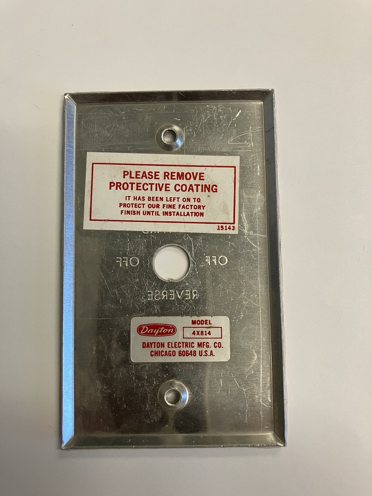 DAYTON 4X814 STAINLESS WALL SWITCH PLATE SINGLE GANG FORWARD OFF REVERSE OFF