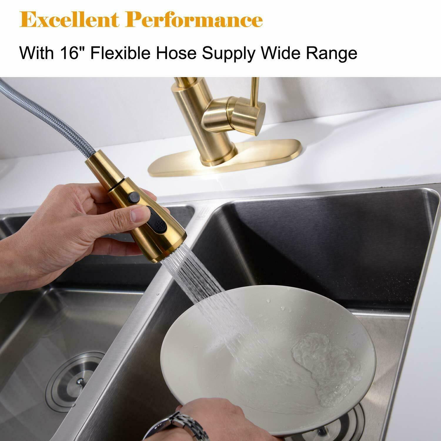 Kitchen Sink Faucet Brushed Gold Pull Down Sprayer Single Handle Mixer w/Cover
