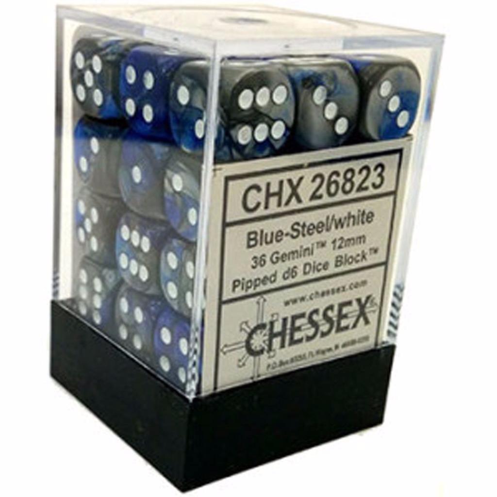 Chessex Dice d6 Sets Gemini Blue & Steel White 12mm Six Sided 36 Die CHX 26823