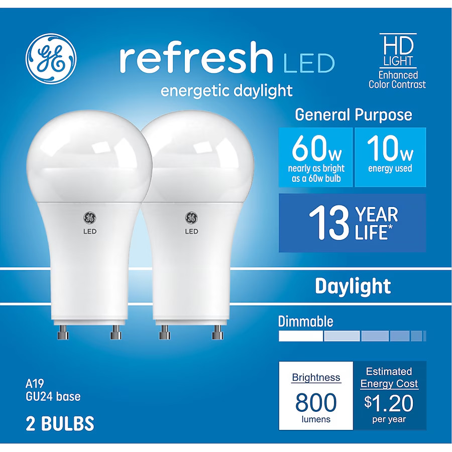 GE Refresh LED Light Bulbs Daylight 60W Equivalent 800 Lumens Dimmable A19 GU24