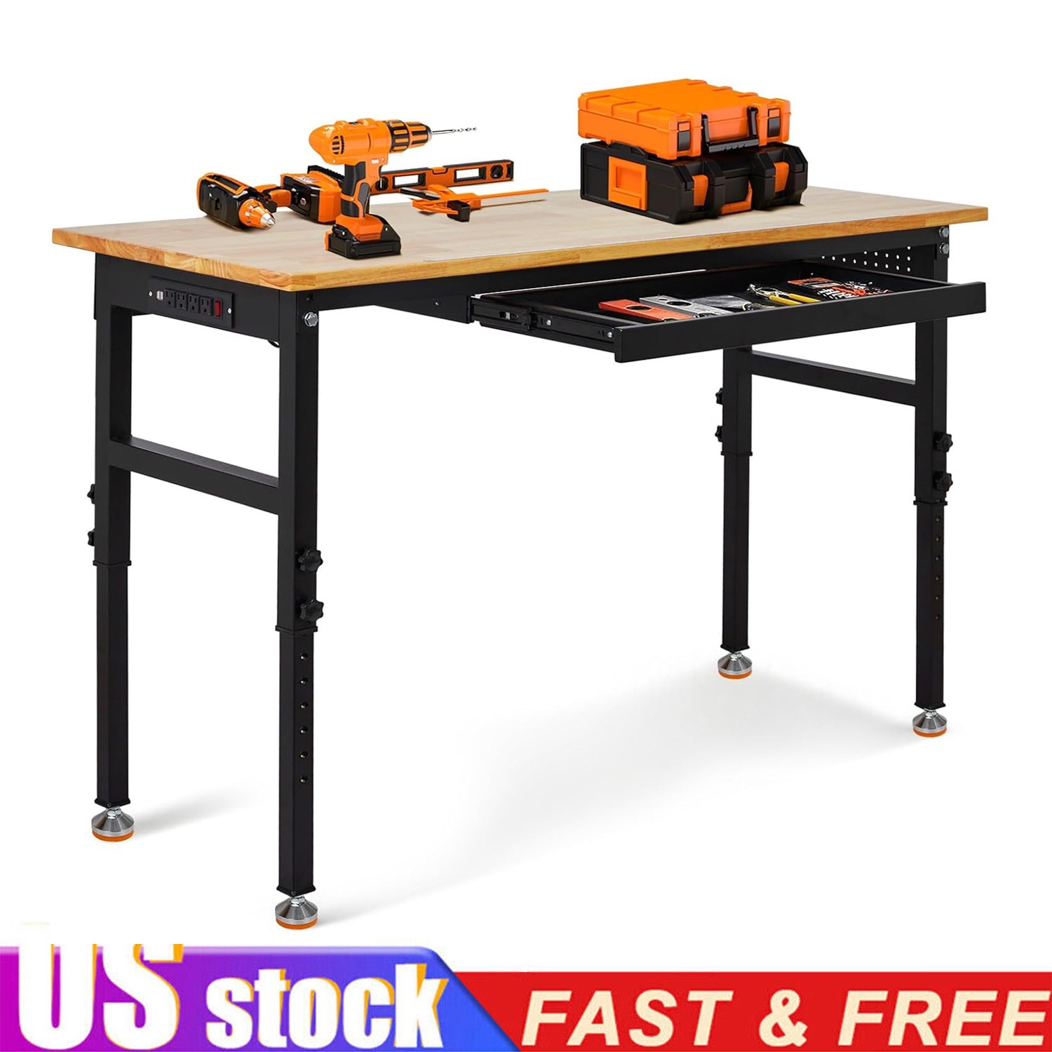 60" Workbench Heavy-Duty Adjustable Height Table with Power Outlets & Drawer