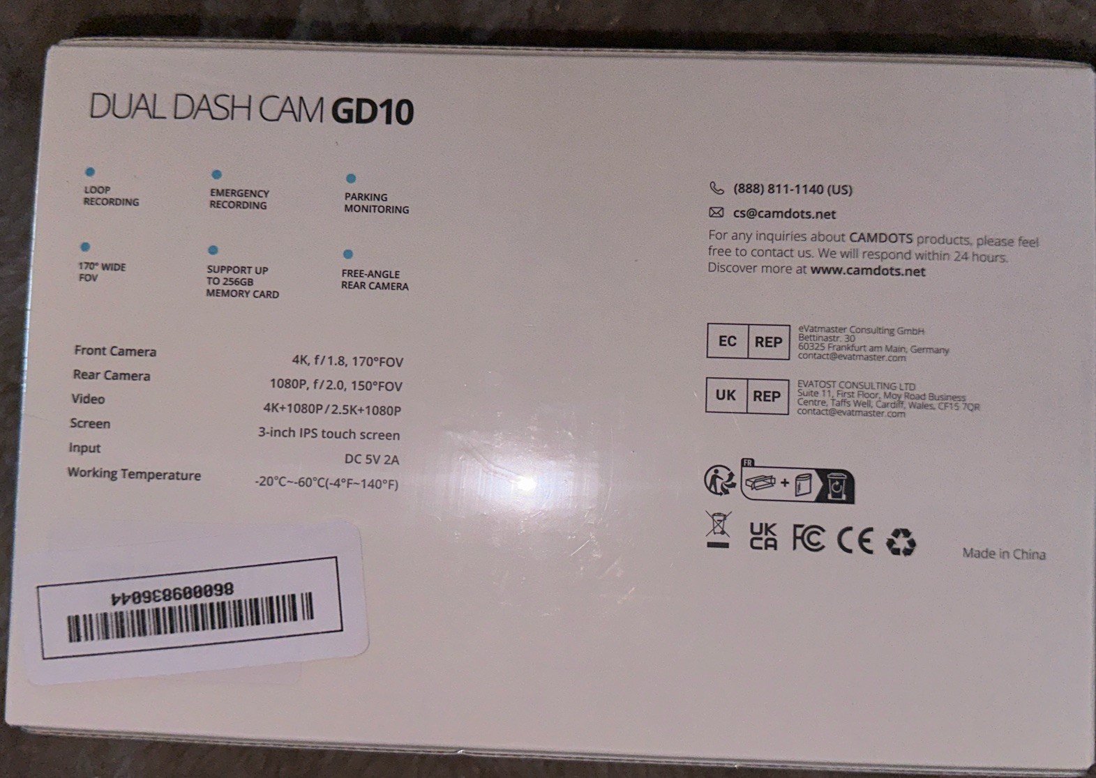 4K Dash Cam Front and Rear, GD10 Upgraded Version 3" IPS Camdots