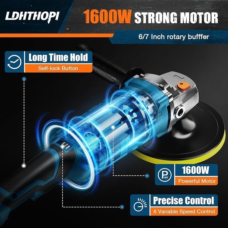 High Performance Buffer Polisher 1600W 7 Speeds 7 Pads Multi-Surface Use