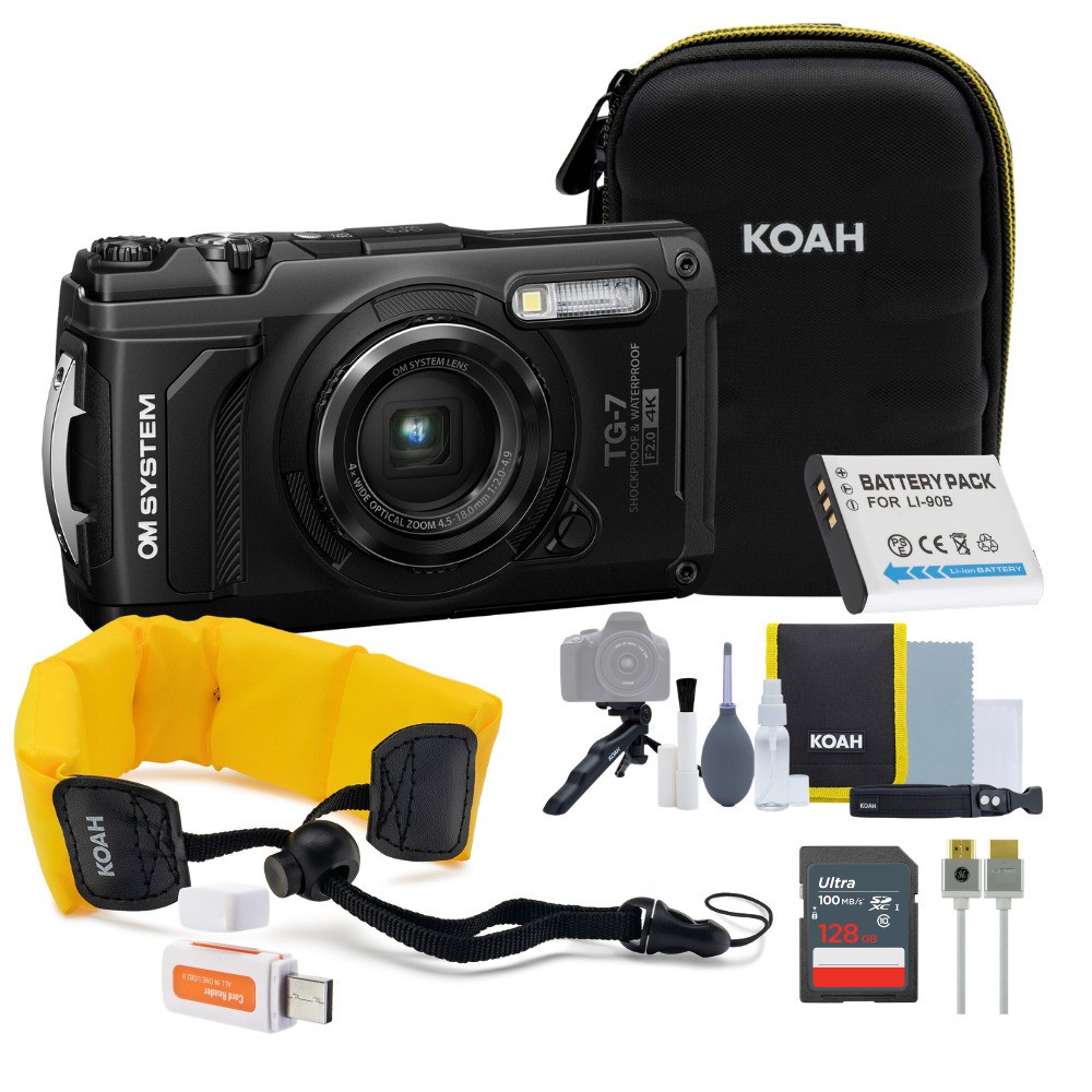 OM SYSTEM Tough TG-7 Digital Camera (Black) Bundle w/ Accessories (8 Items)