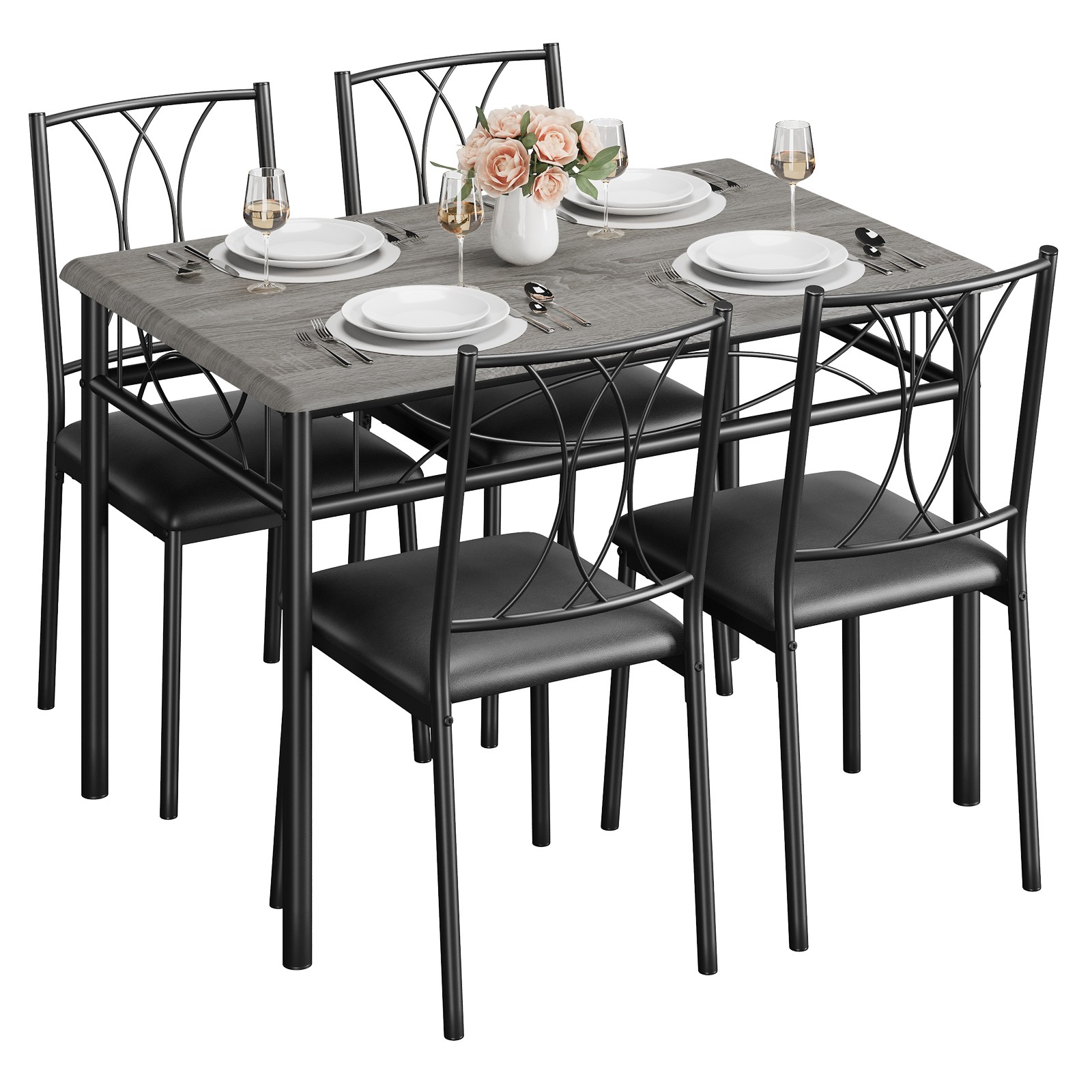 5 Piece Grey Dining Table Set, Kitchen Table And 4 Upholstered Dining Chairs