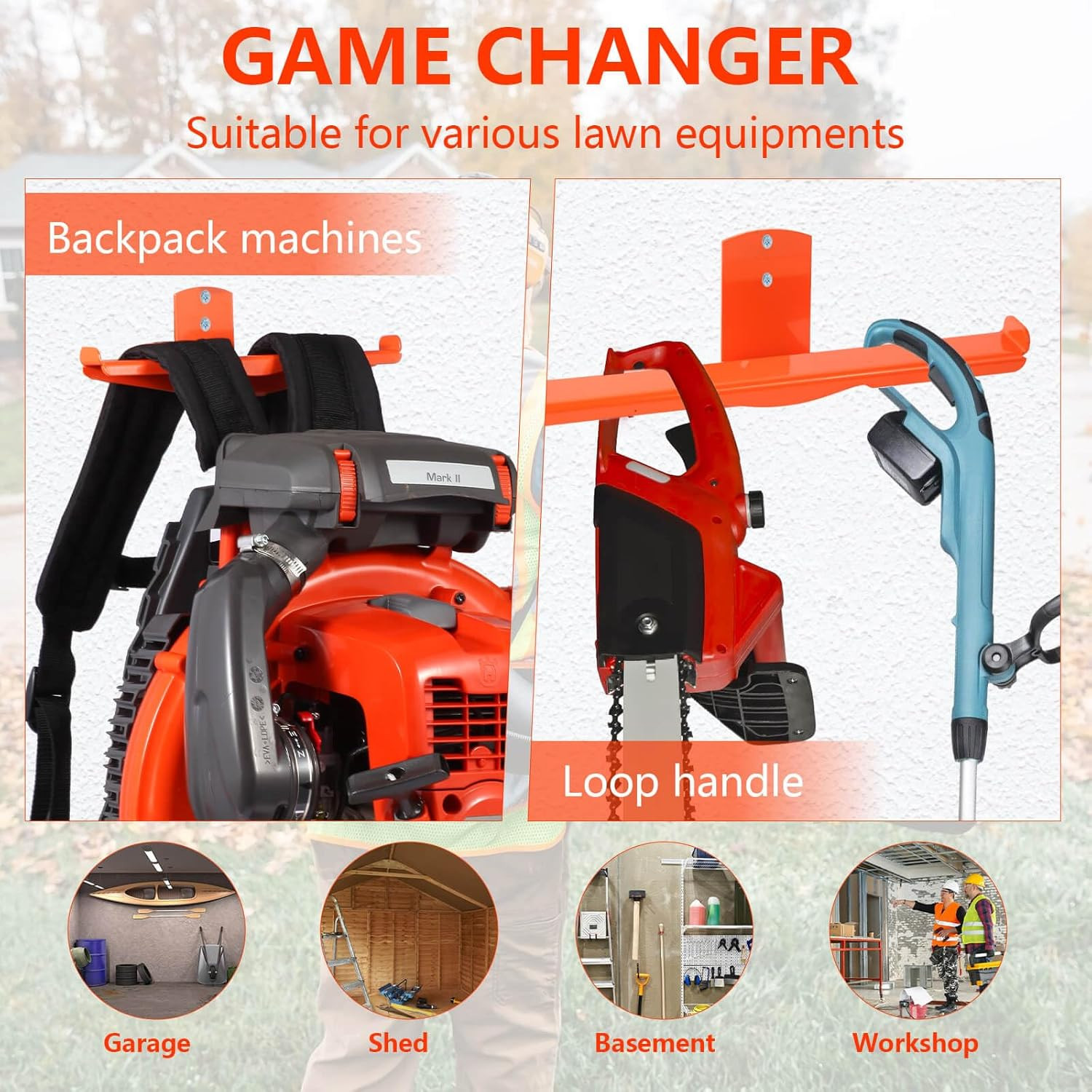 Heavy-Duty Backpack Blower Rack with Hose Holder and Dual-Sided Hooks