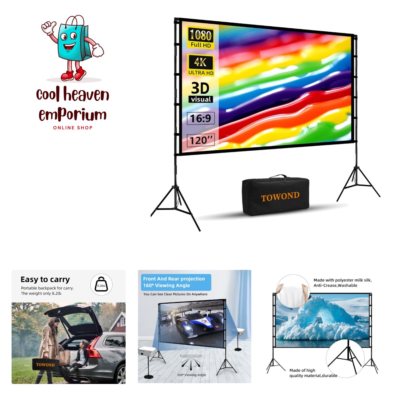 Projector Screen and Stand, 120 inch Portable Projector Screen Indoor Outdoor...