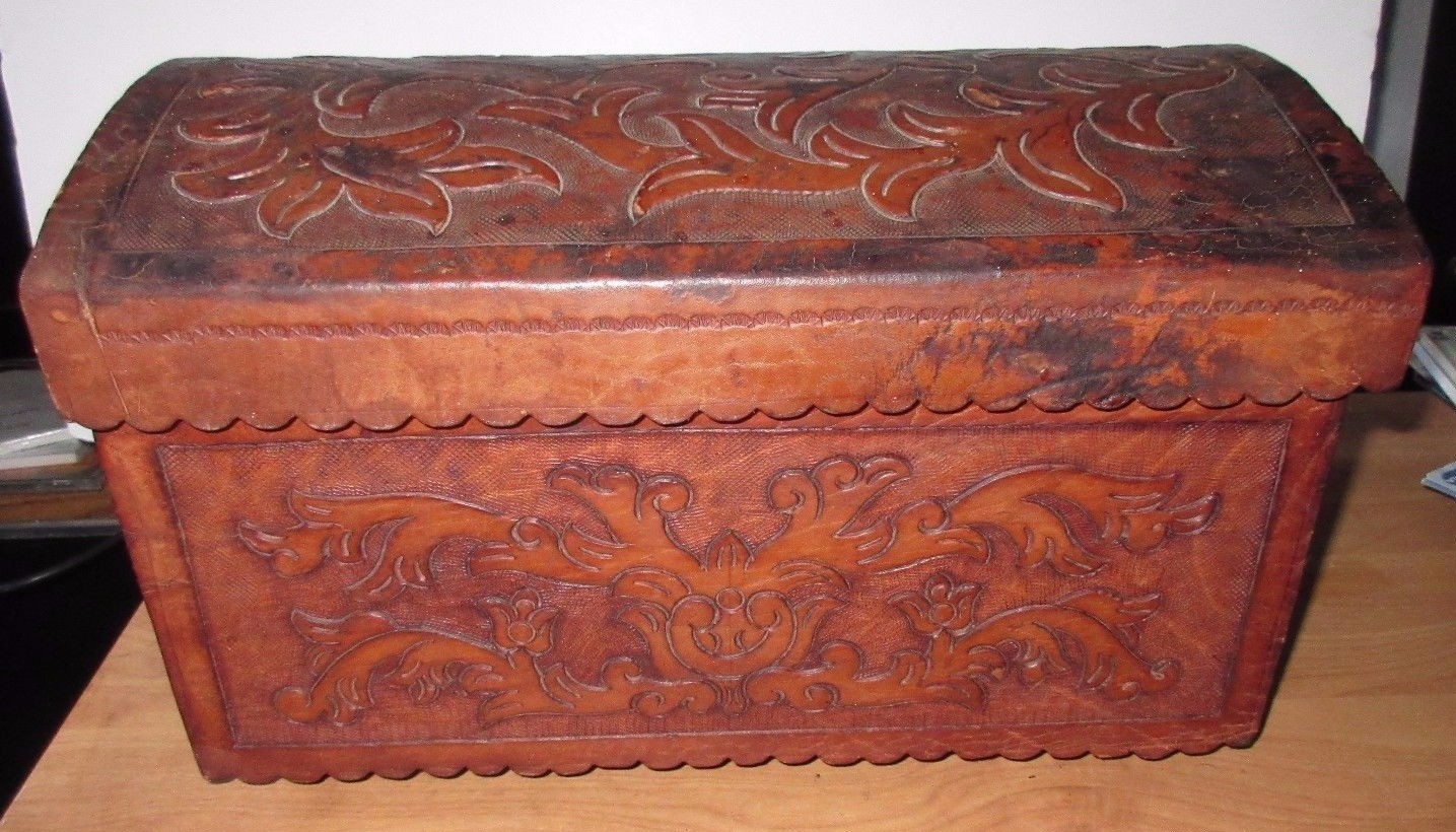 Large Peruvian Leather and Wood Jewelry Chest 15.25 x 9.7 x 9.7  Handcrafted
