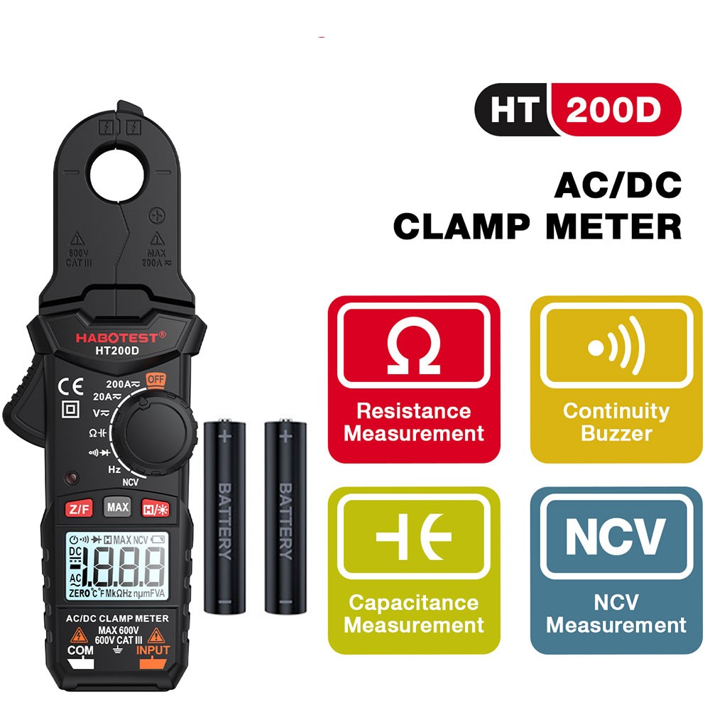 HABOTEST HT200D Handheld Volt Am Ohm Clamp MultiMeter NCV True RMS with Battery