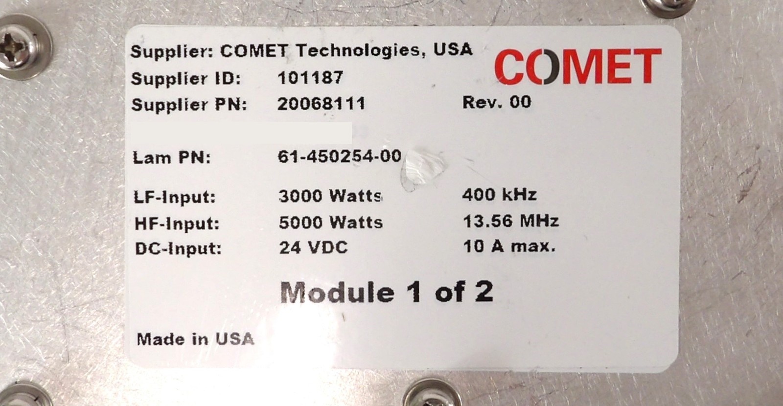 Comet Technologies 20068000 RF Match Lam Research 61-450254-00 Untested As-Is