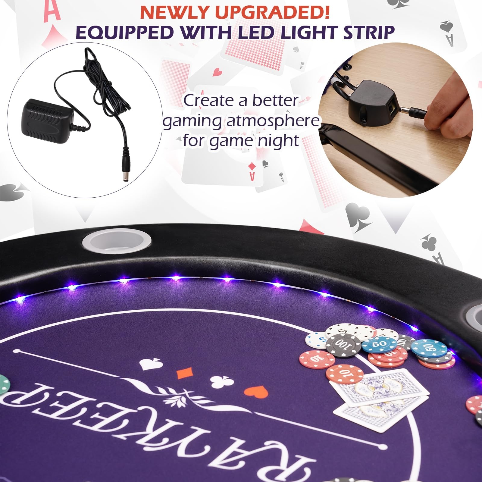 71" LED Poker Table - 8 Player Foldable Texas Hold'em Table