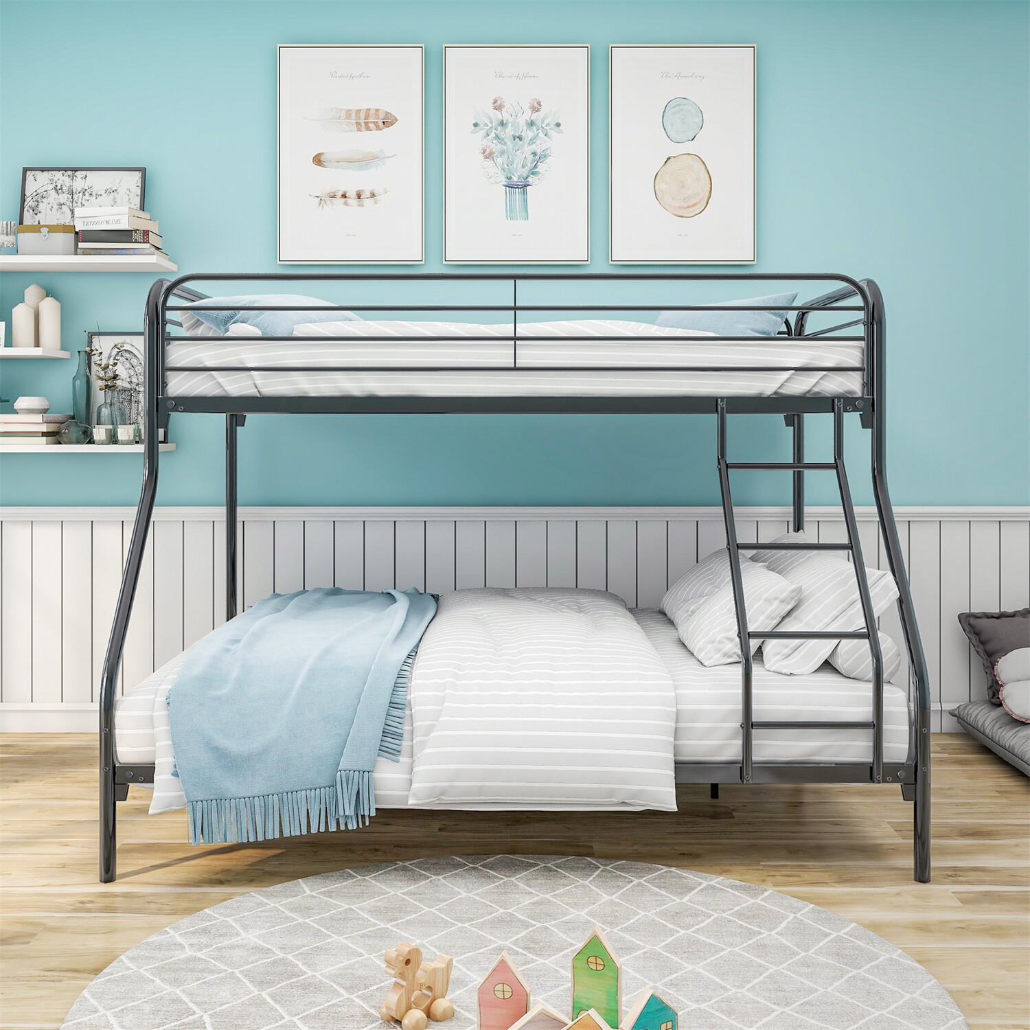 Twin Over Full Metal Bunk Bed Heavy Duty Metal Bunk Bed Frame with Ladder Black
